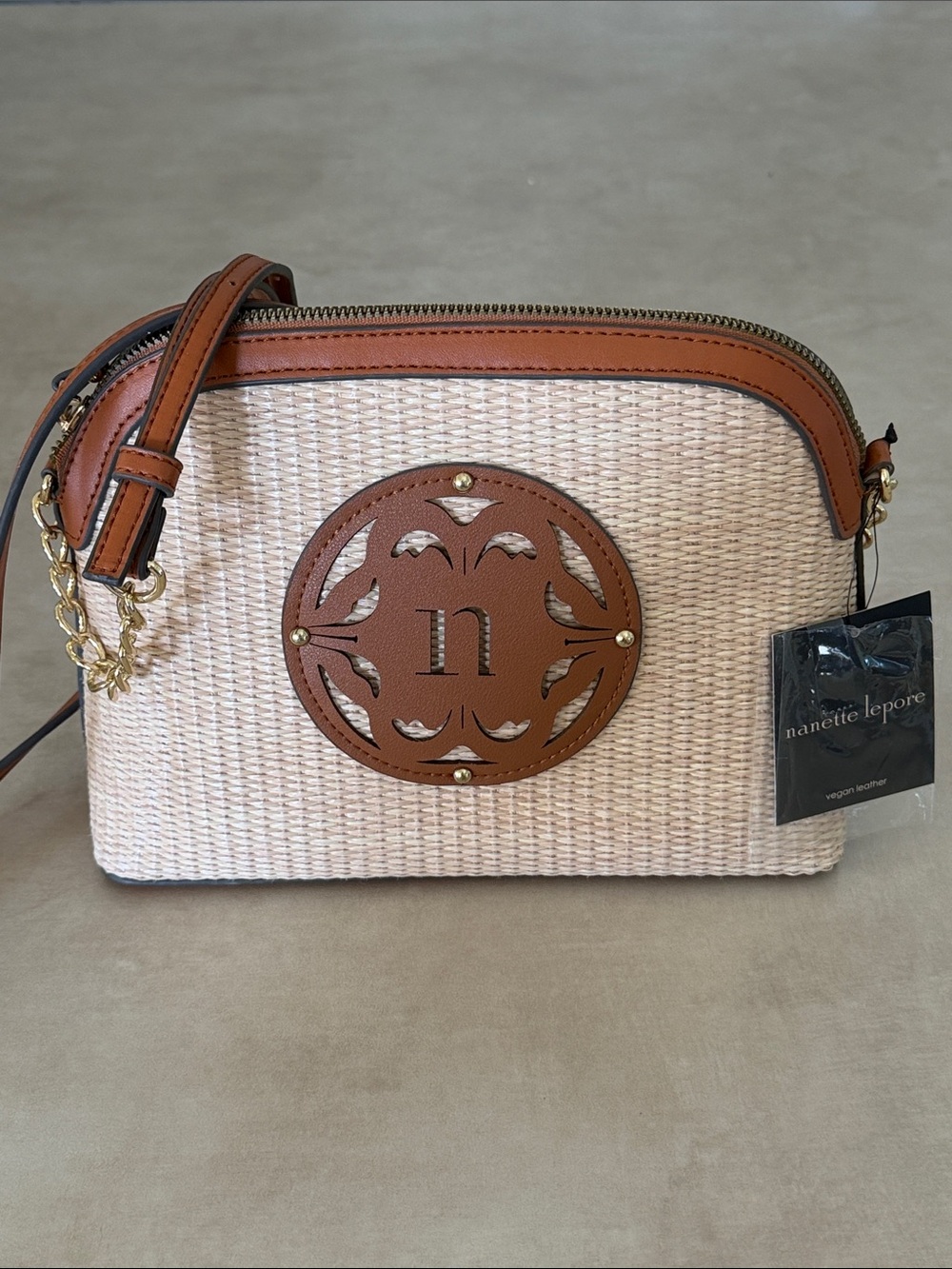 NWT Nanette Lepore Brown and Cream Woven Crossbody Bag